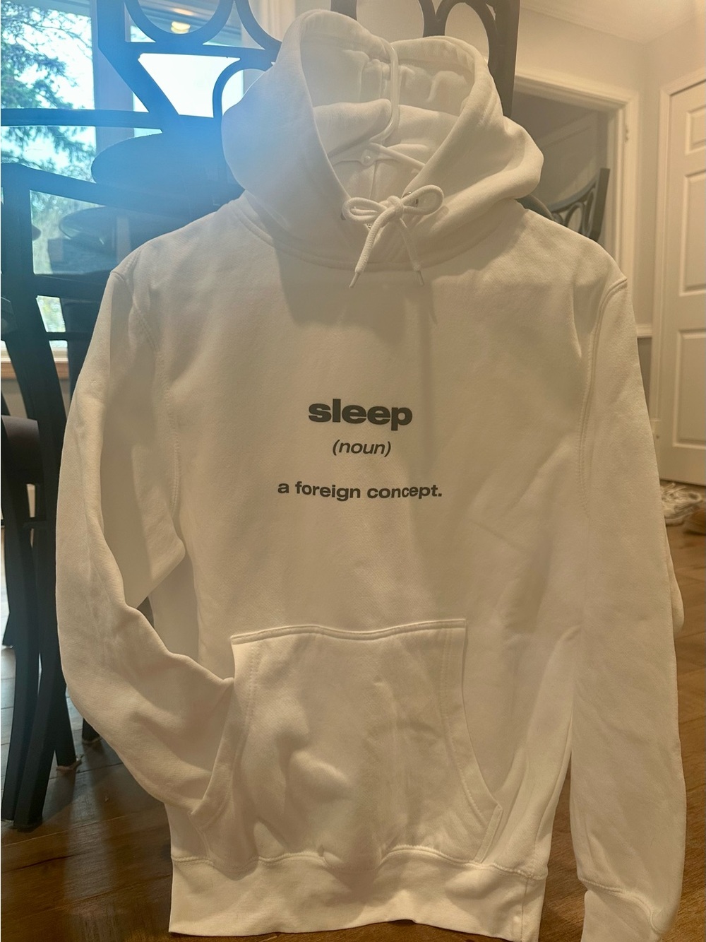 Like New, White 'sleep (noun) a foreign concept.' Graphic Hoodie.